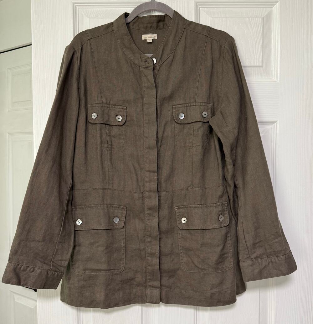 Garnet Hill Women's Brown 100%Linen Button Front Cargo Shirt Jacket Size 10